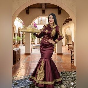 Elegant Burgundy and Gold Dress